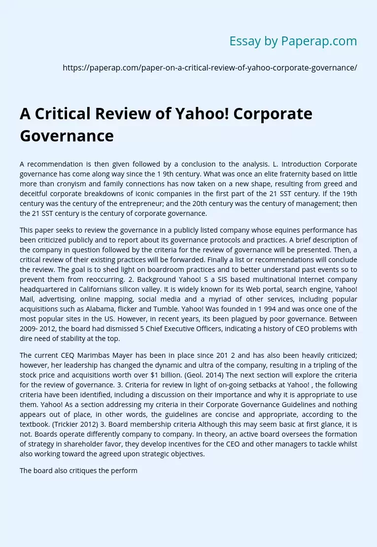 A Critical Review of Yahoo! Corporate Governance