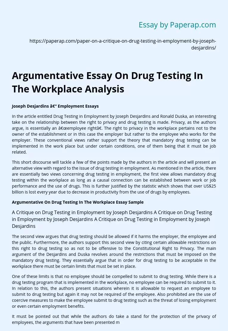 Argumentative Essay On Drug Testing In The Workplace Analysis