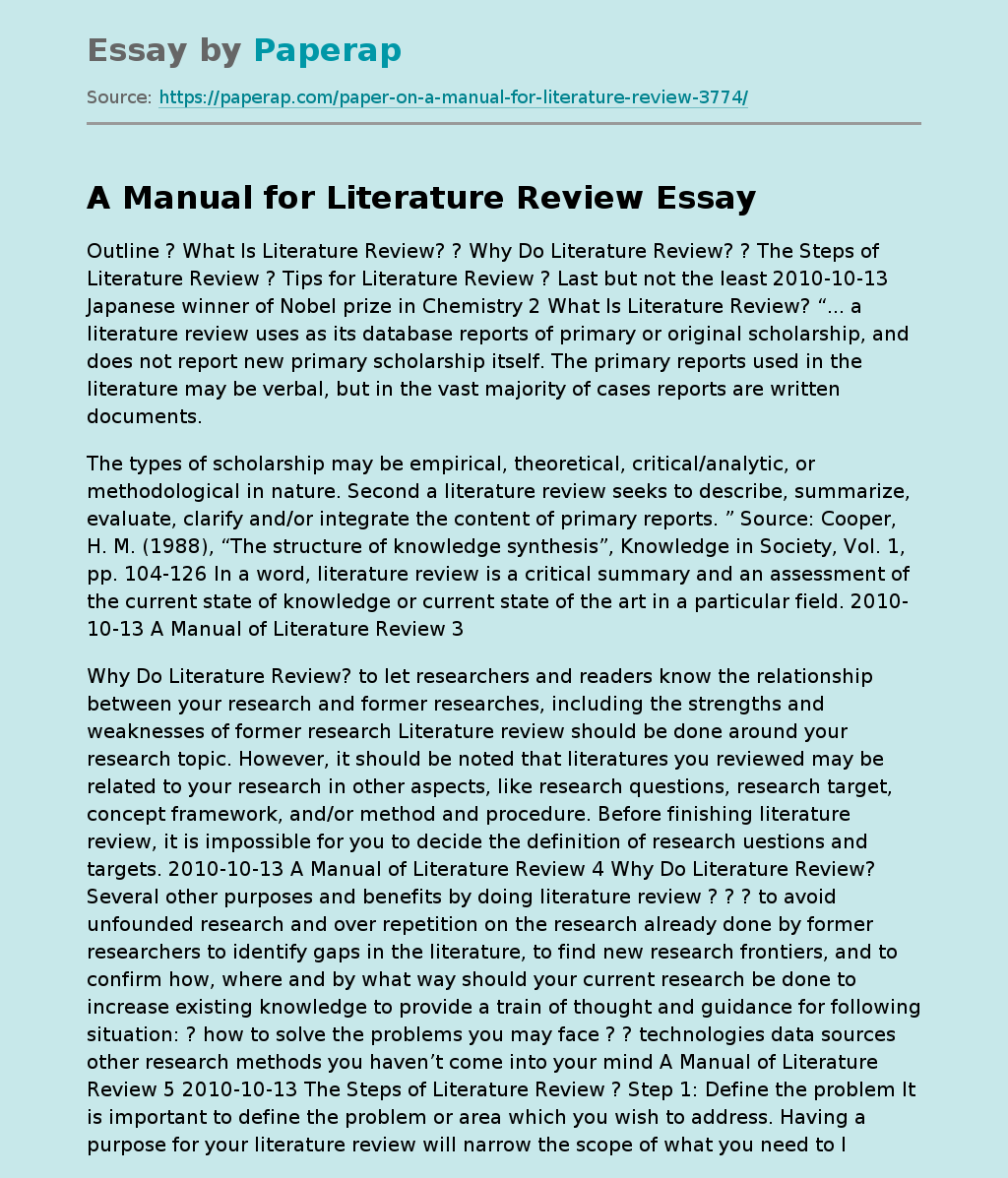A Manual for Literature Review: The Steps of Literature Review