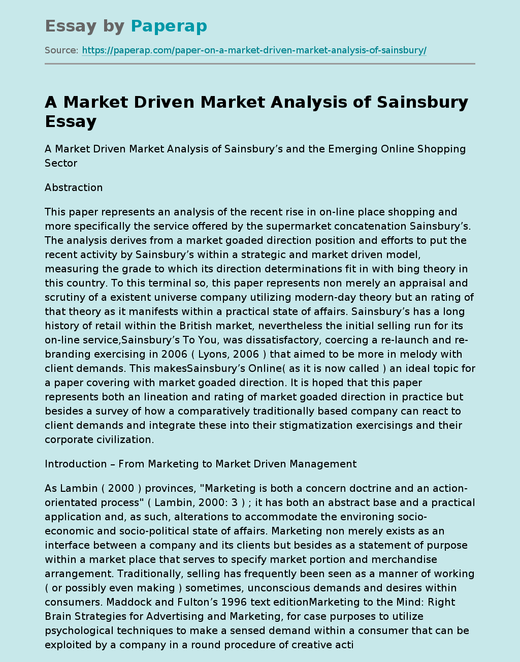 A Market Driven Market Analysis of Sainsbury