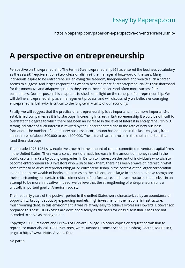 A perspective on entrepreneurship