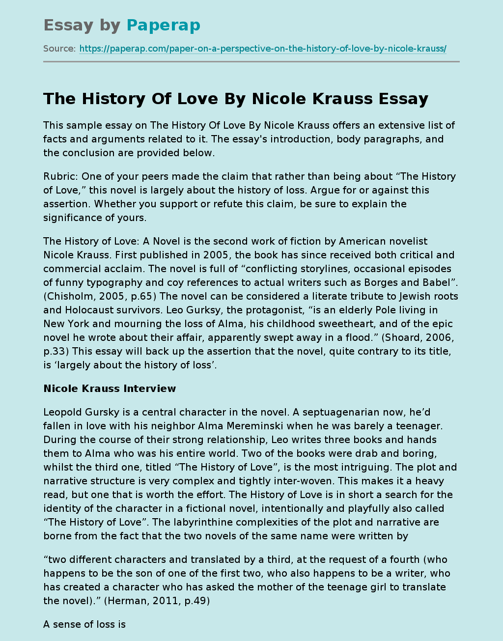 The History Of Love By Nicole Krauss