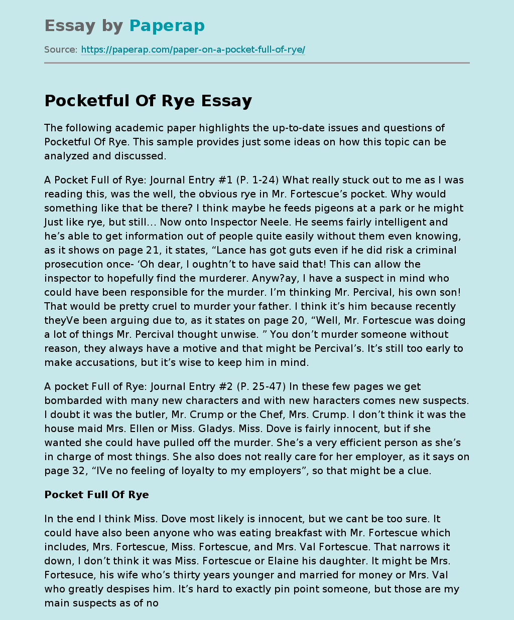 Academic Paper Pocketful Of Rye