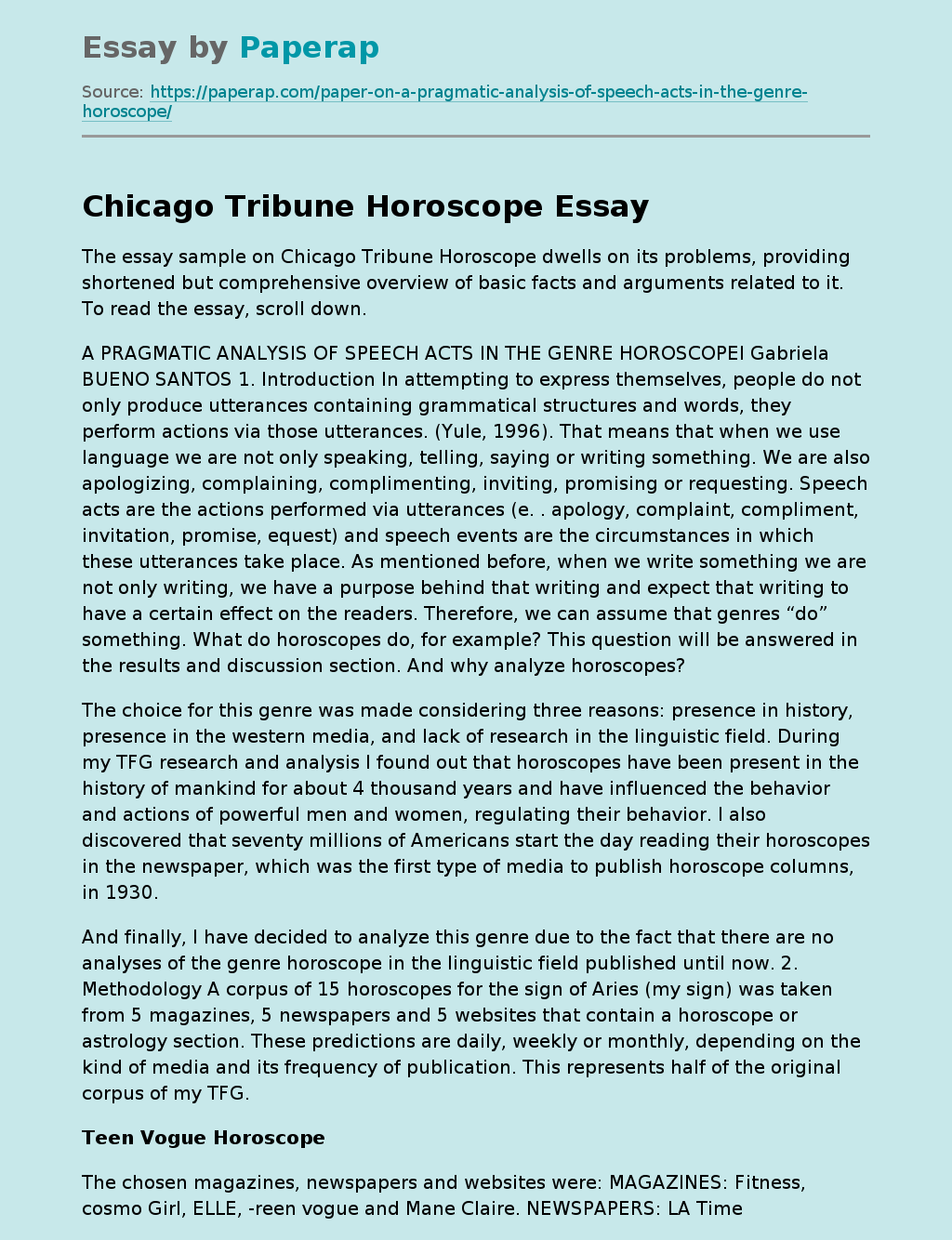 Essay Sample on Chicago Tribune Horoscope