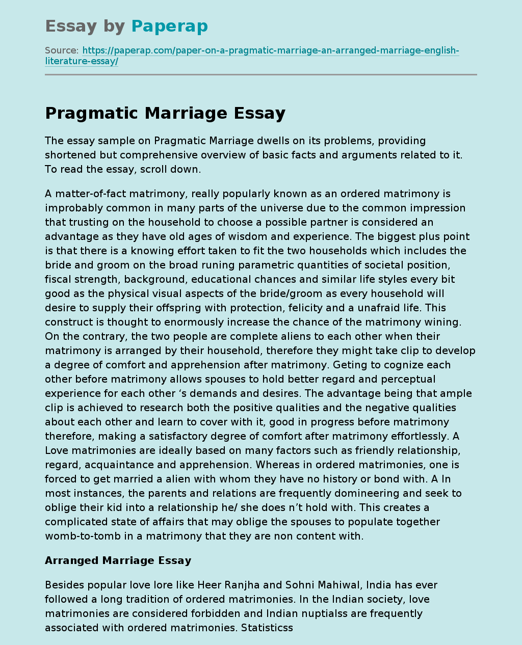 Essay Sample on Pragmatic Marriage