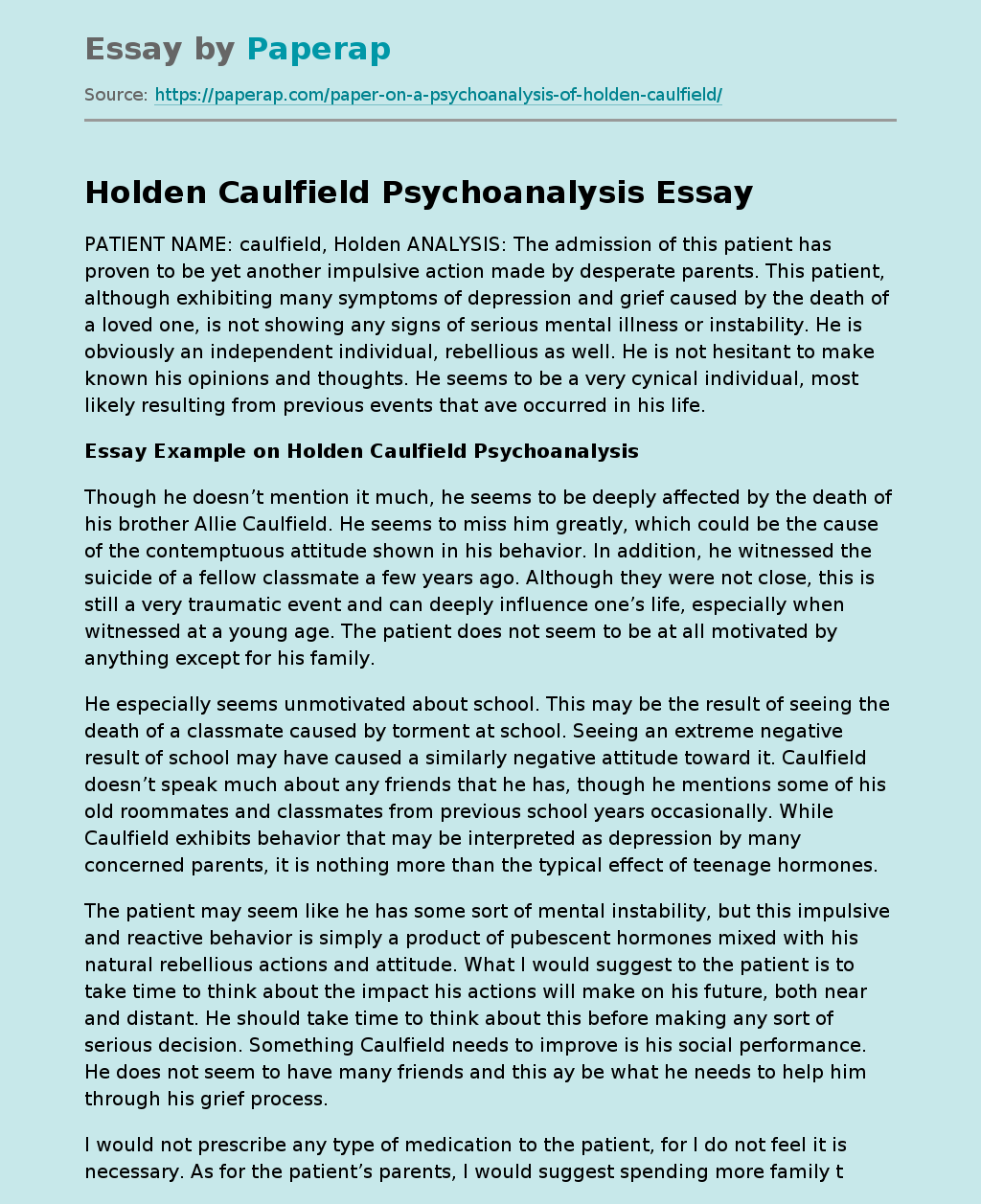 Holden Caulfield Psychoanalysis