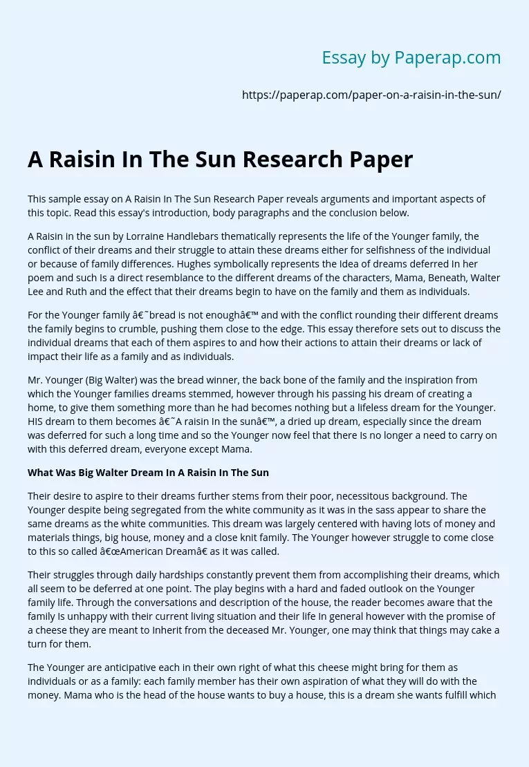 A Raisin In The Sun Research Paper