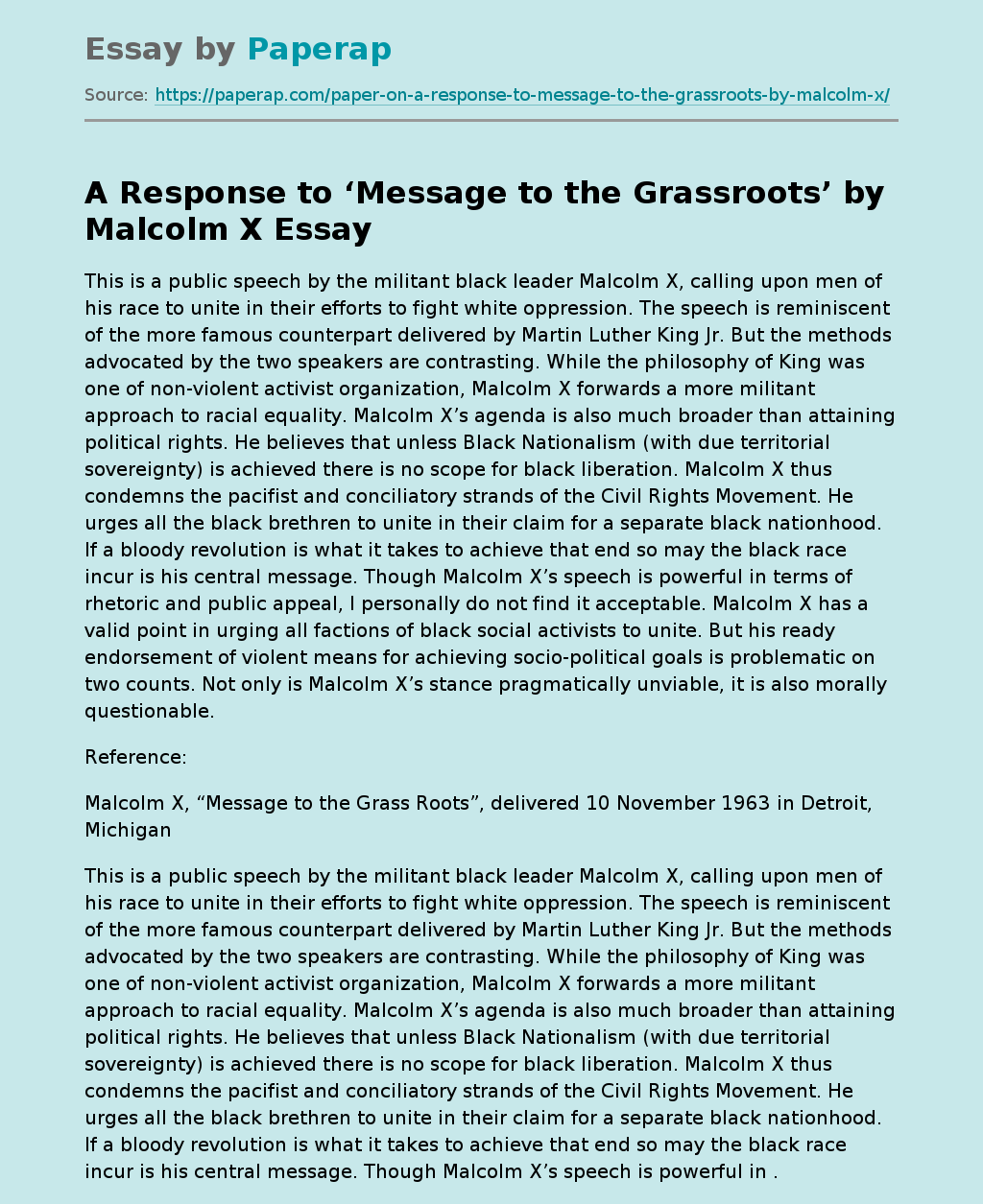 A Response to ‘Message to the Grassroots’ by Malcolm X
