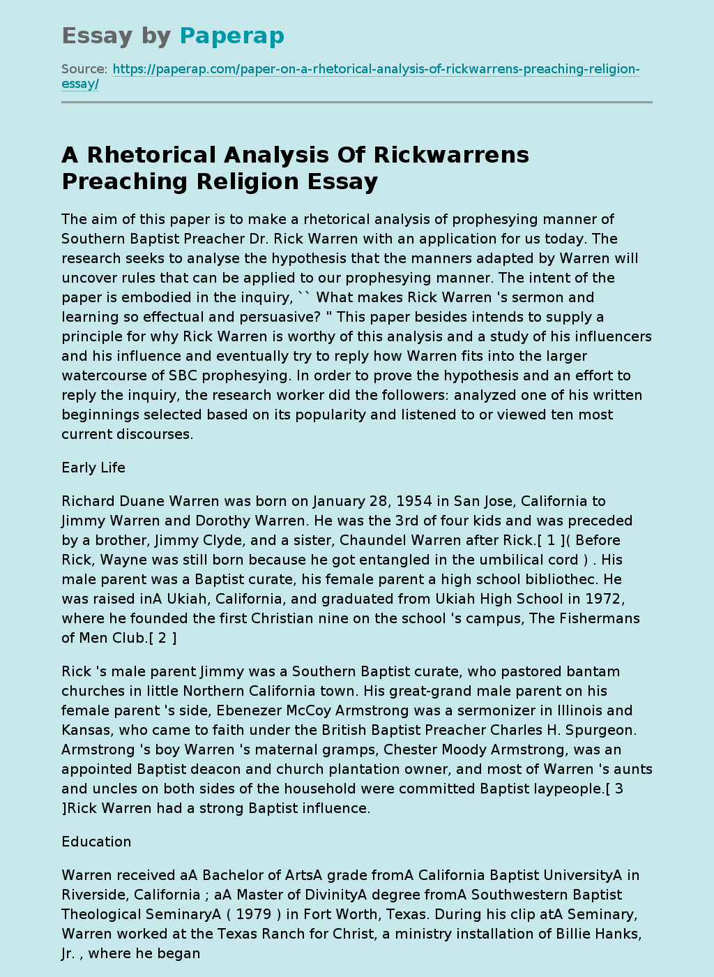 A Rhetorical Analysis Of Rickwarrens Preaching Religion
