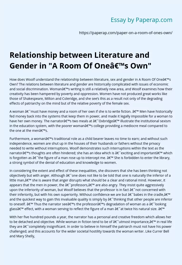 Relationship between Literature and Gender in "A Room Of One’s Own"