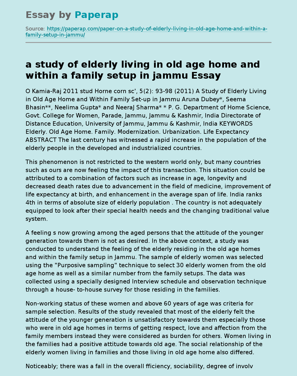a study of elderly living in old age home and within a family setup in jammu
