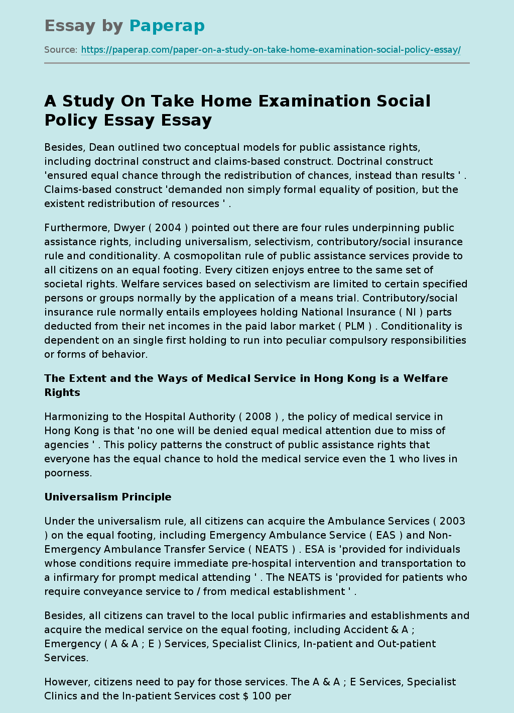 A Study On Take Home Examination Social Policy Essay