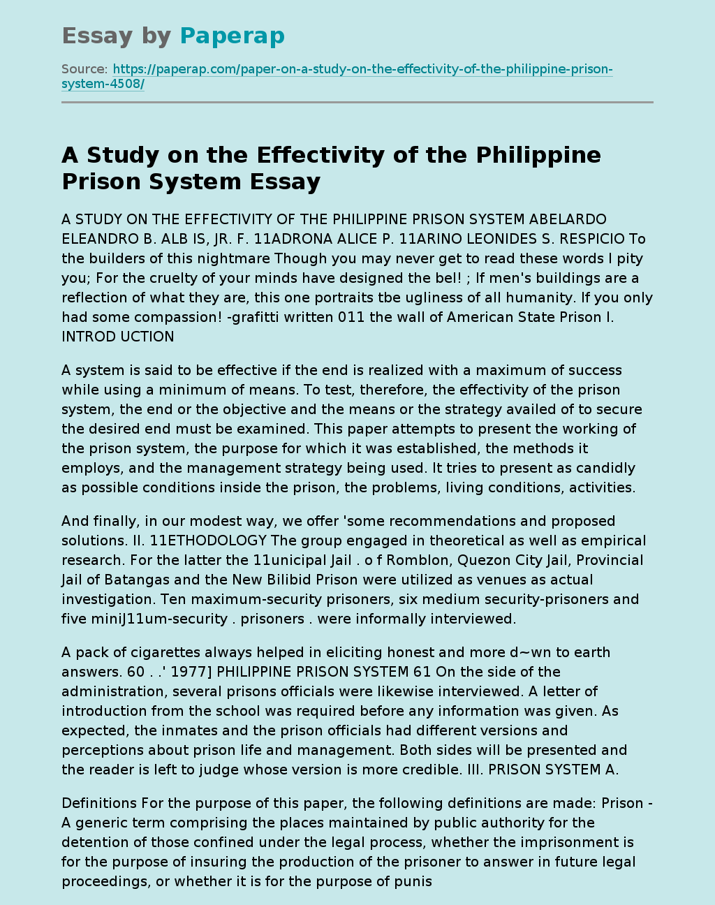 A Study on the Effectivity of the Philippine Prison System