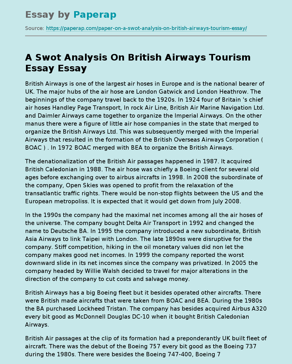 A Swot Analysis On British Airways Tourism Essay