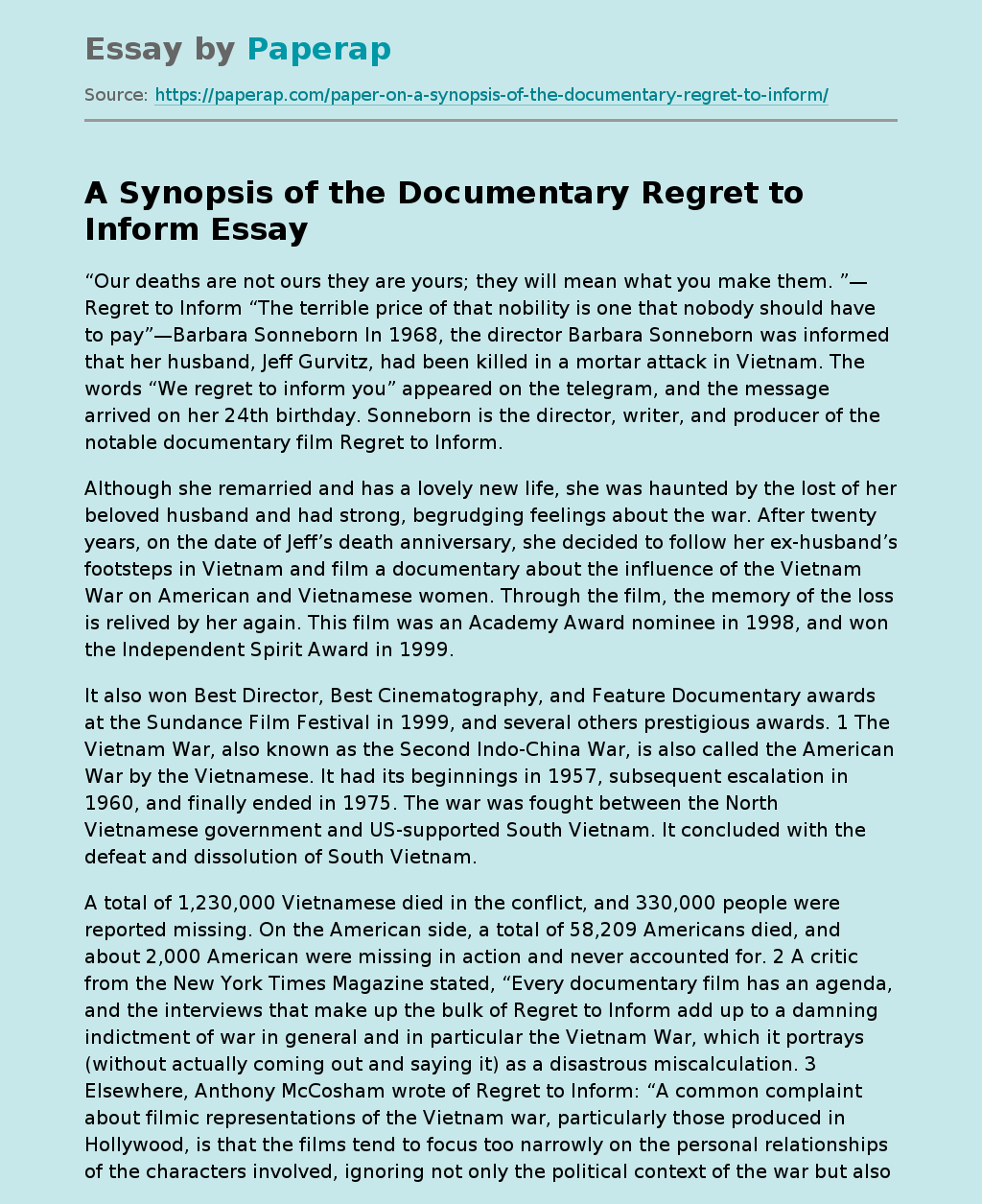 A Synopsis of the Documentary Regret to Inform