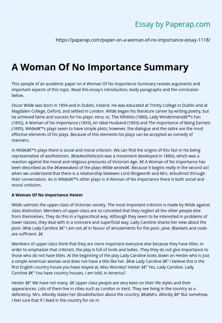 A Woman Of No Importance Summary