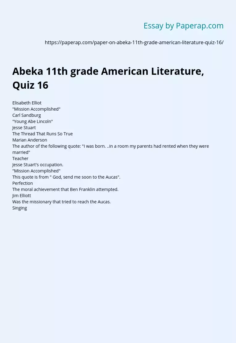 Abeka 11th grade American Literature, Quiz 16