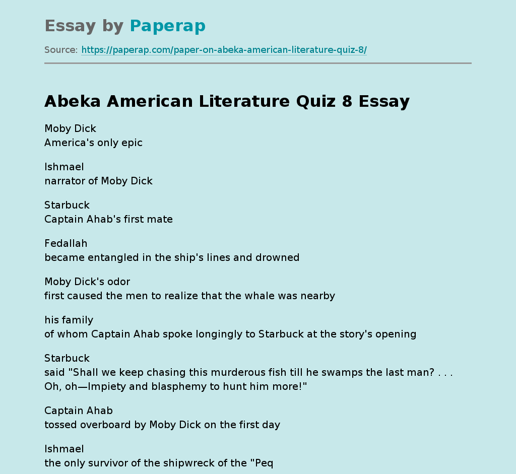 Abeka American Literature Quiz 8