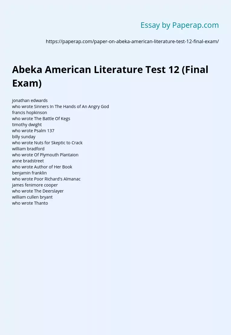 Abeka American Literature Test 12 (Final Exam)