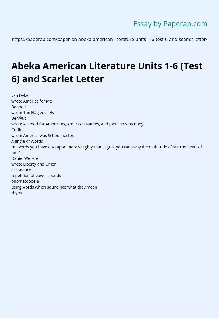 Abeka American Literature Units 1-6 (Test 6) and Scarlet Letter