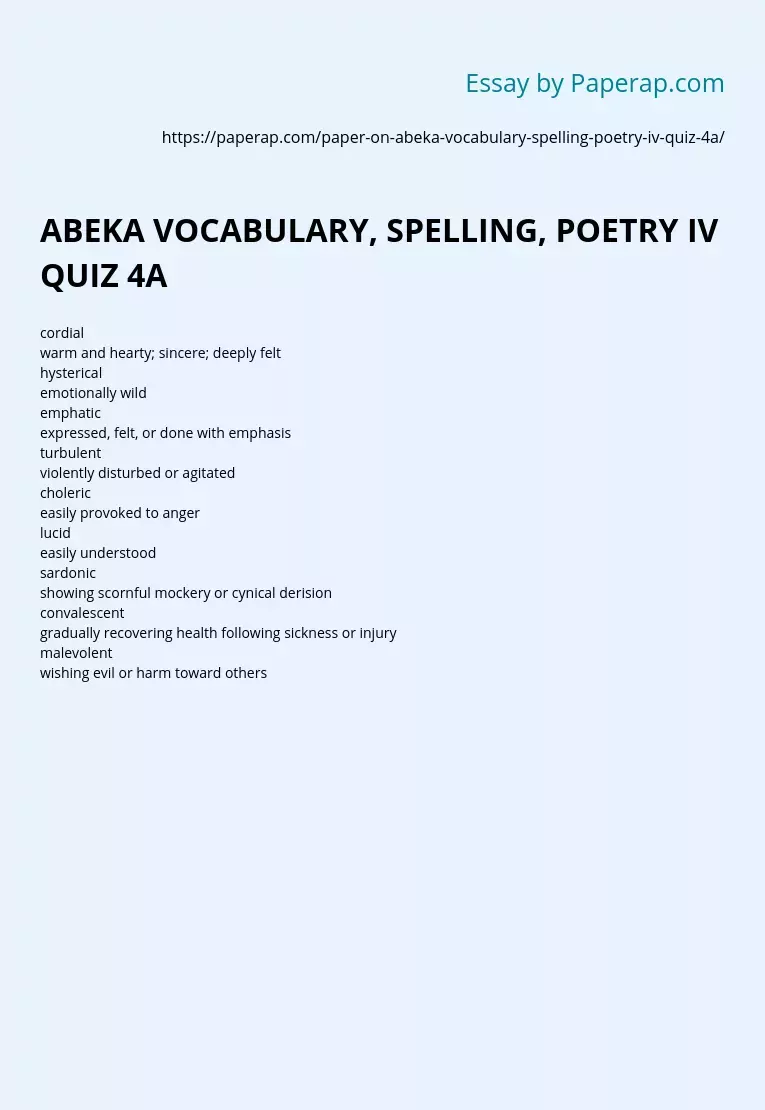 ABEKA VOCABULARY, SPELLING, POETRY IV QUIZ 4A