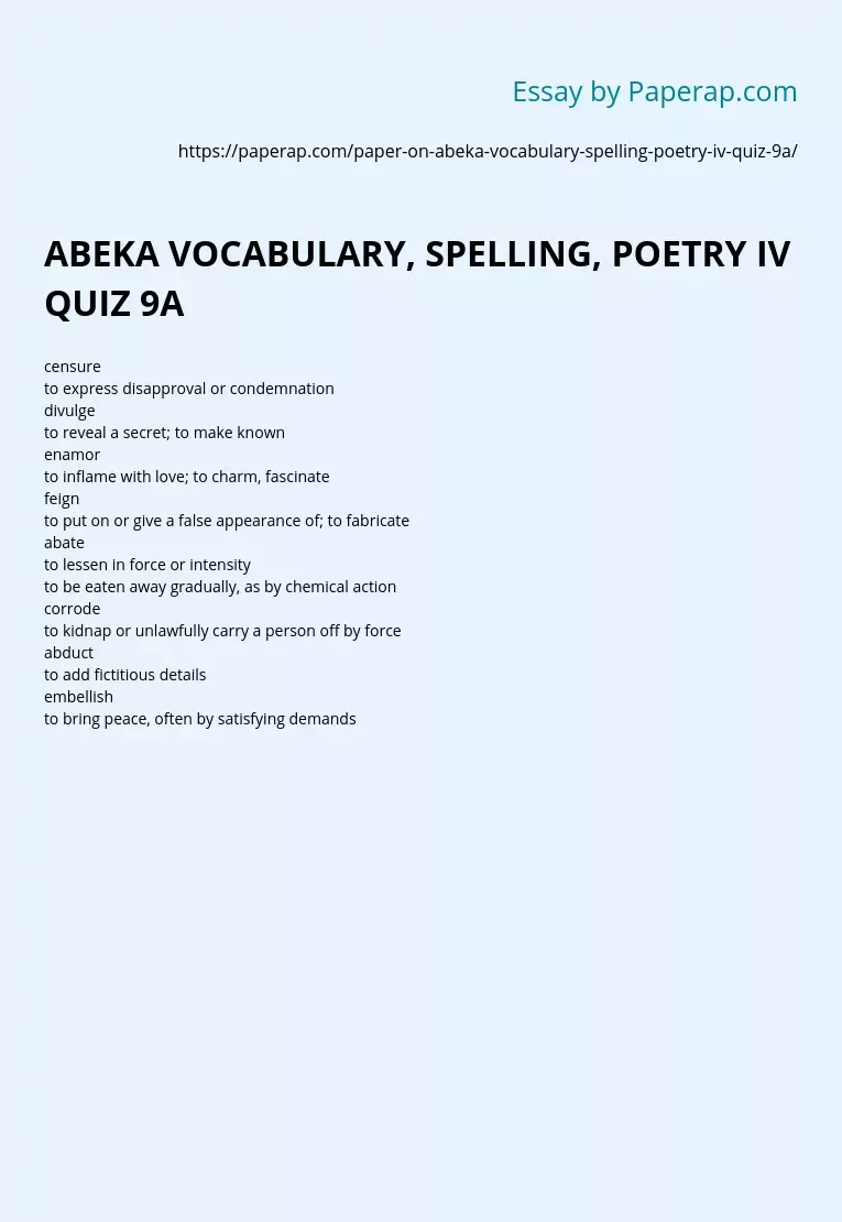 ABEKA VOCABULARY, SPELLING, POETRY IV QUIZ 9A