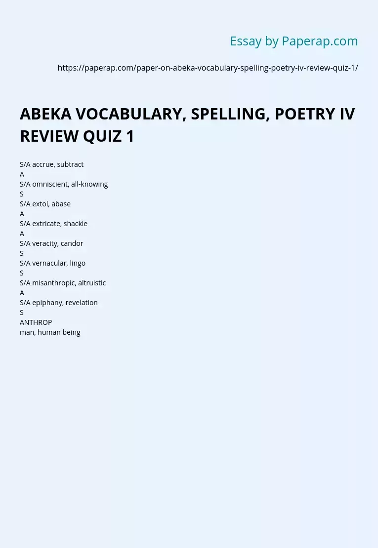 ABEKA VOCABULARY, SPELLING, POETRY IV REVIEW QUIZ 1