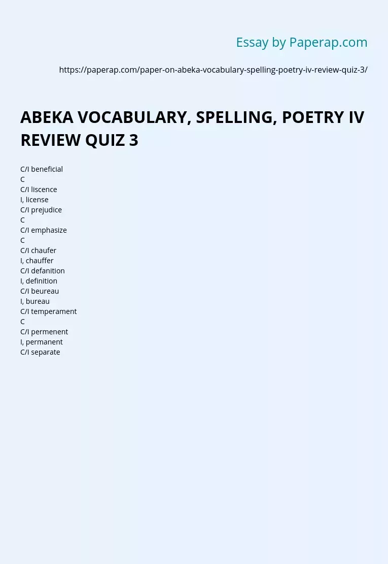 ABEKA VOCABULARY, SPELLING, POETRY IV REVIEW QUIZ 3