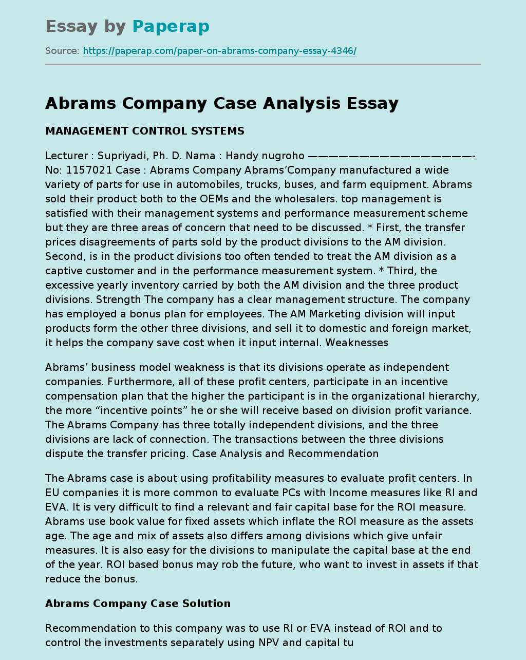 Abrams Company Case Analysis