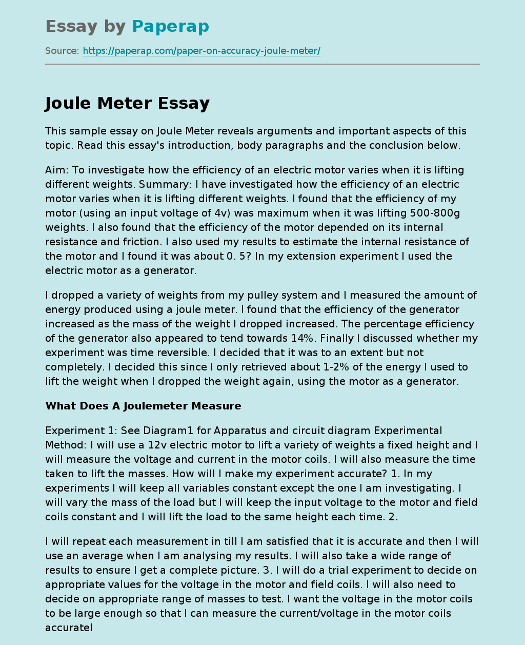 This Sample Essay on Joule Meter