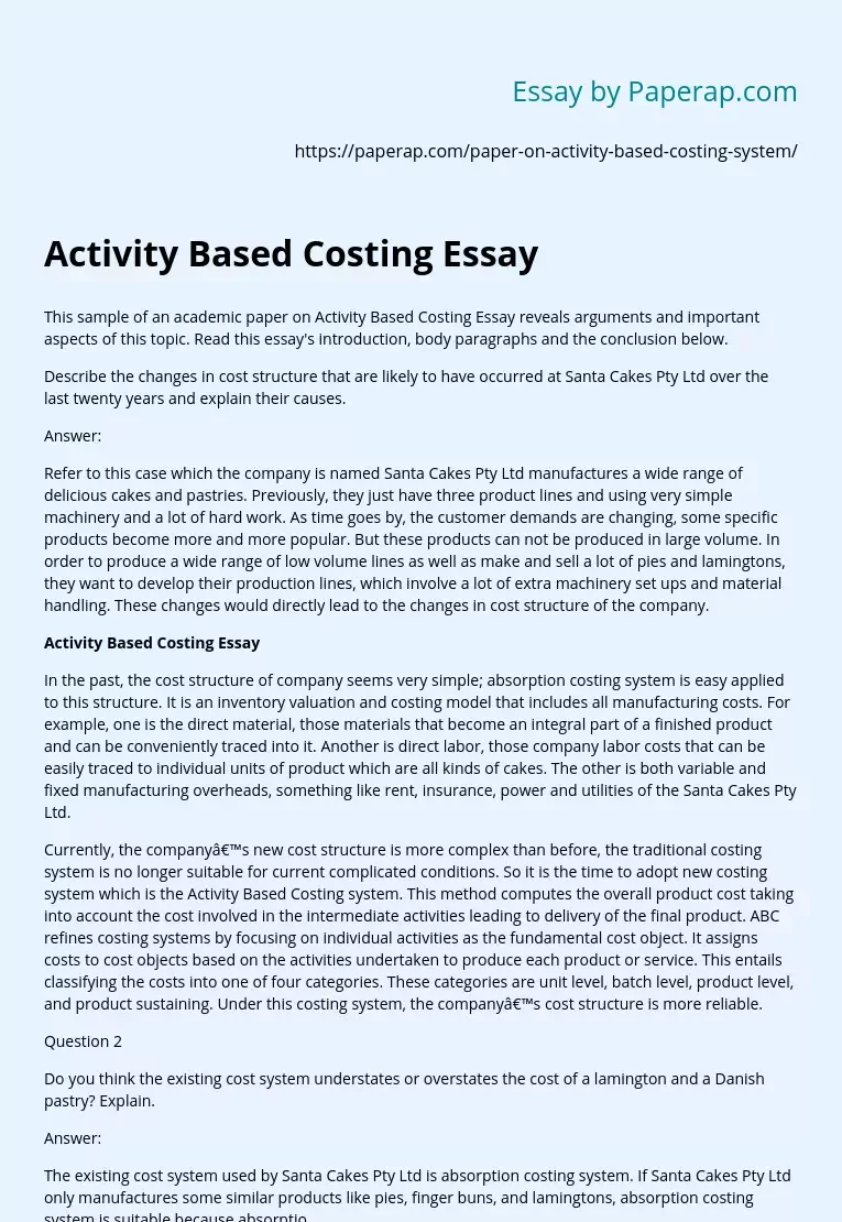 Activity Based Costing Essay