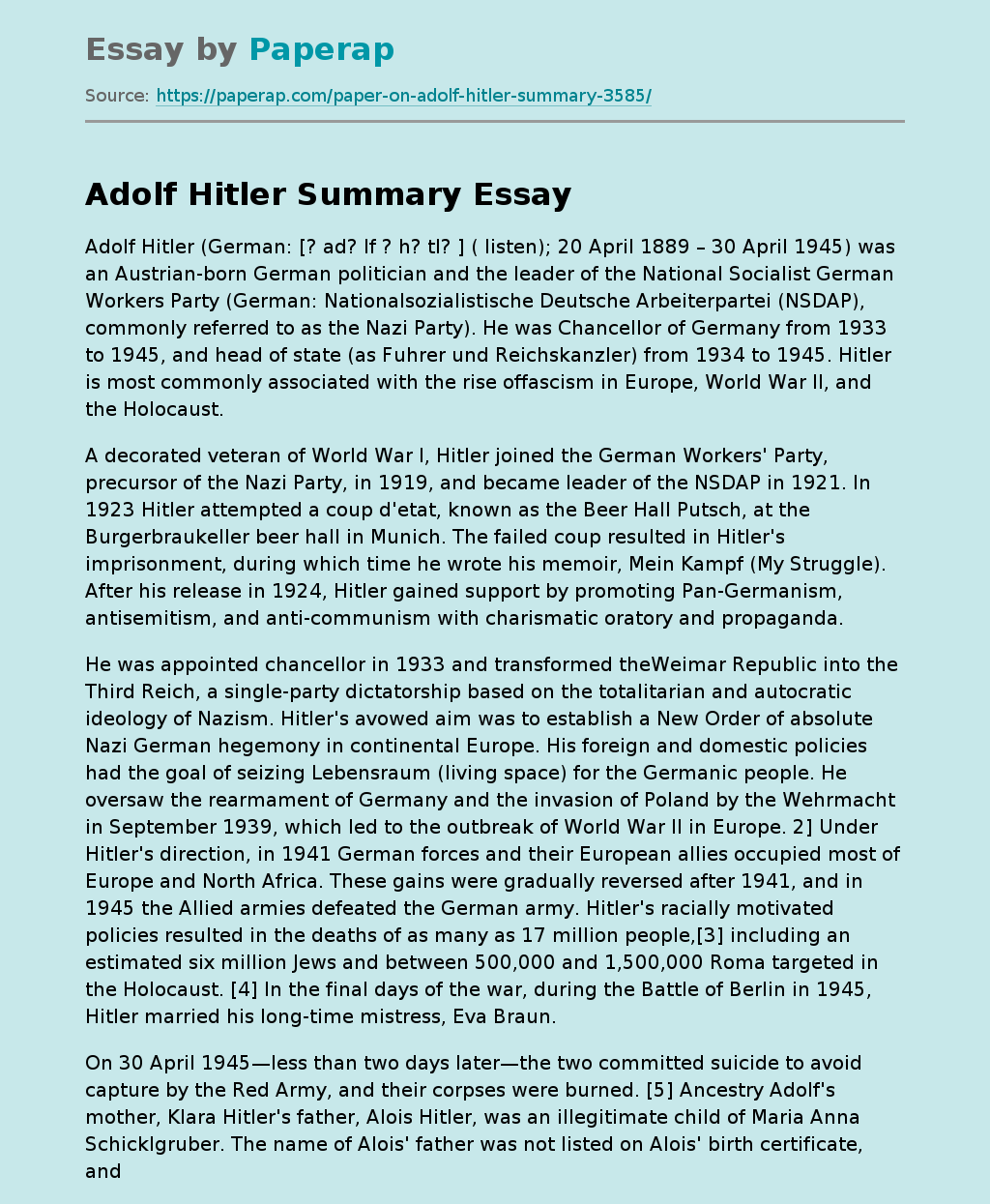 Adolf Hitler Summary German Politician