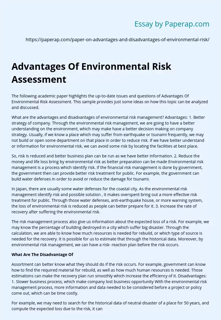 Advantages Of Environmental Risk Assessment