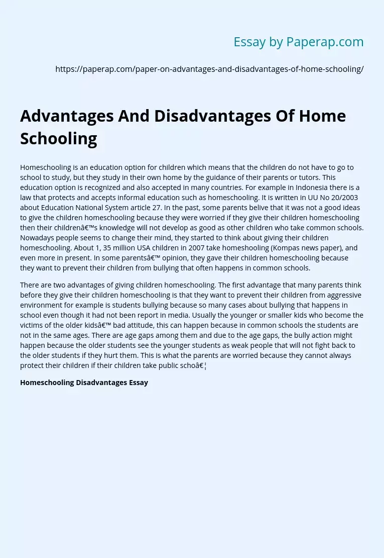 Advantages And Disadvantages Of Home Schooling