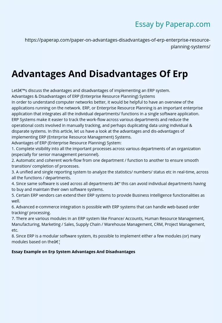 Advantages And Disadvantages Of Erp
