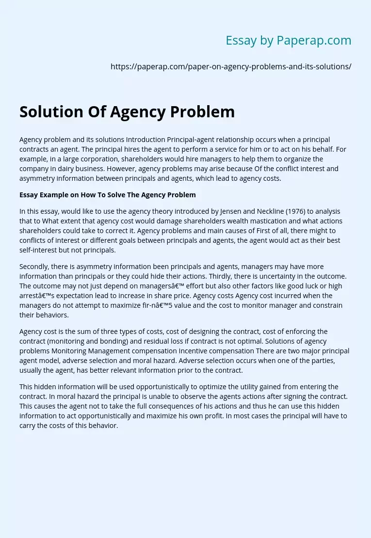 Solution Of Agency Problem