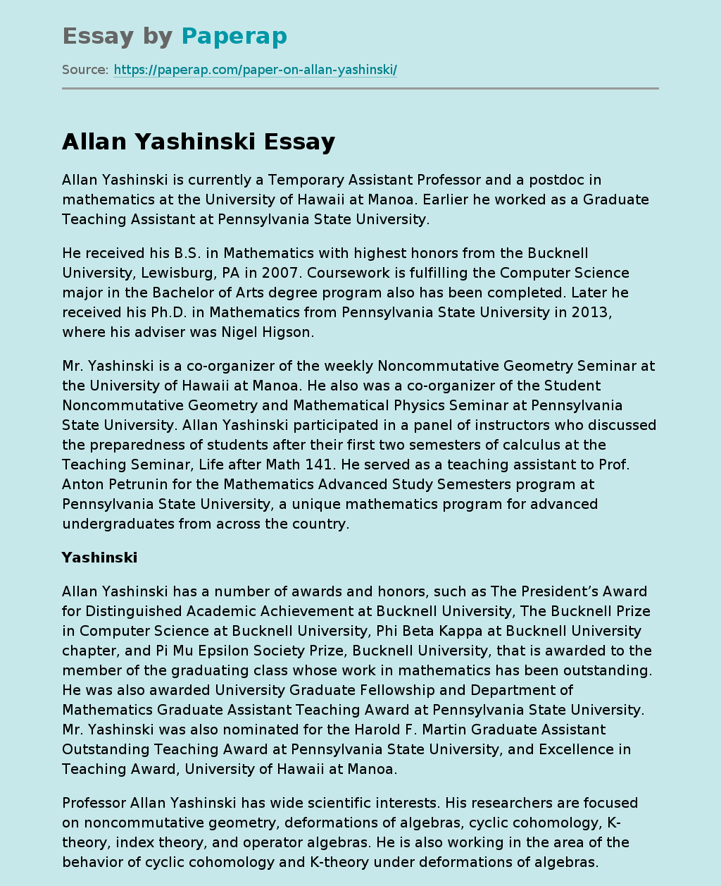 Allan Yashinski is currently a Temporary Assistant Professor