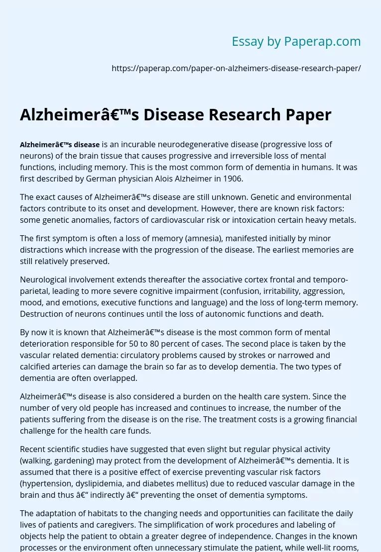 Alzheimer’s Disease Research Paper