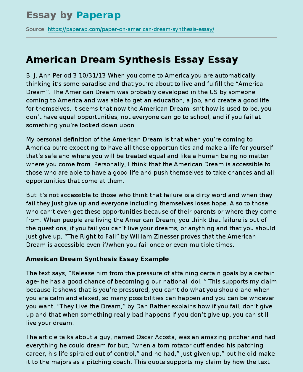 American Dream Synthesis Essay