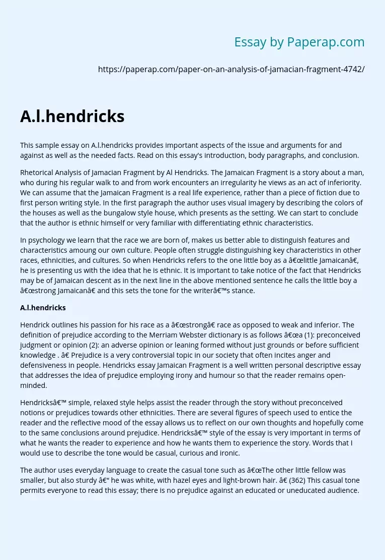 Sample Essay on A.L.hendricks