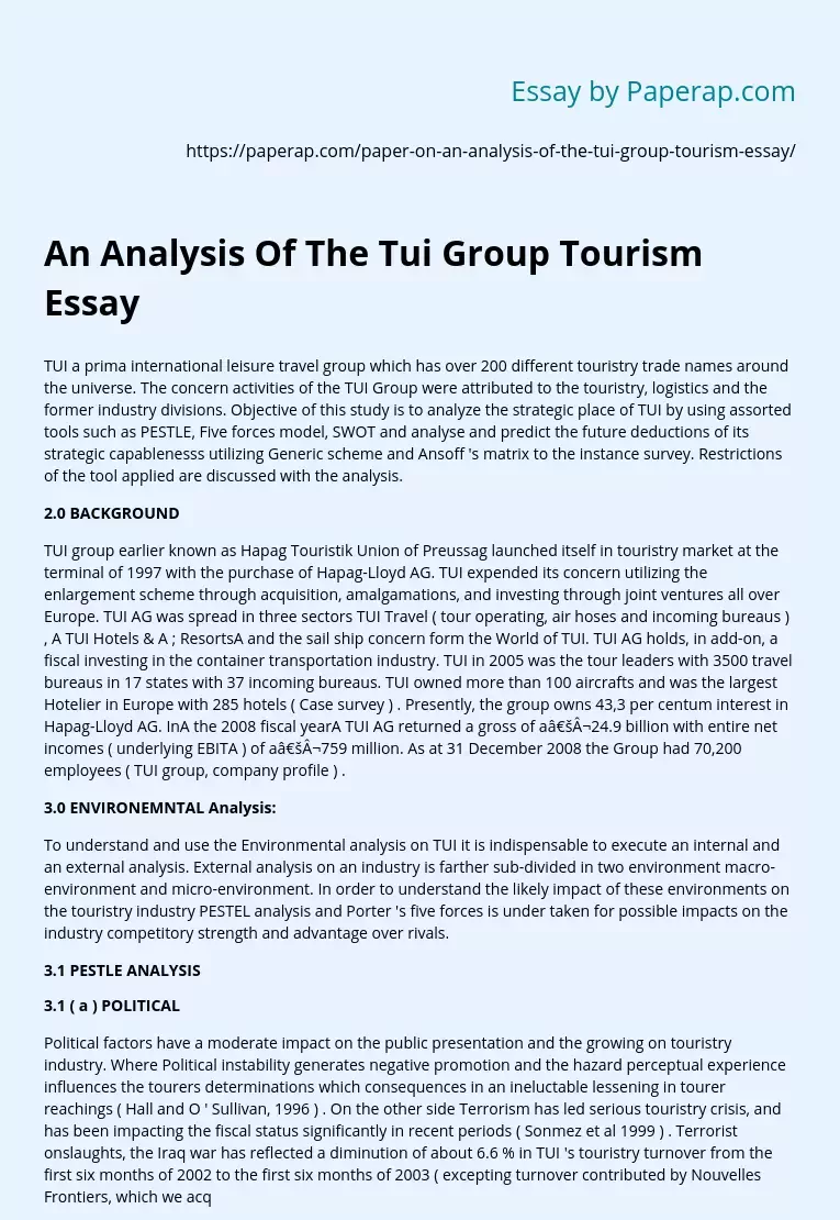 An Analysis Of The Tui Group Tourism Essay
