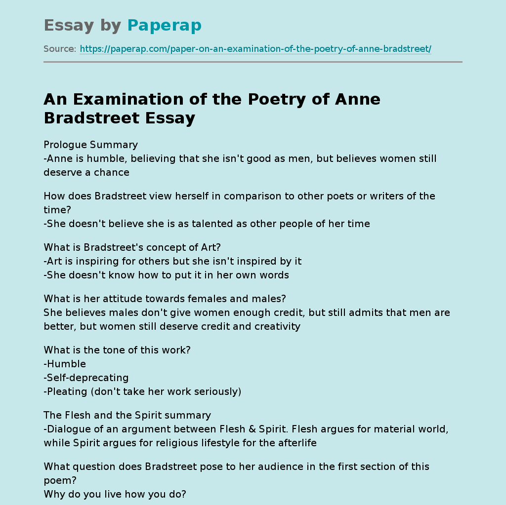 An Examination of the Poetry of Anne Bradstreet