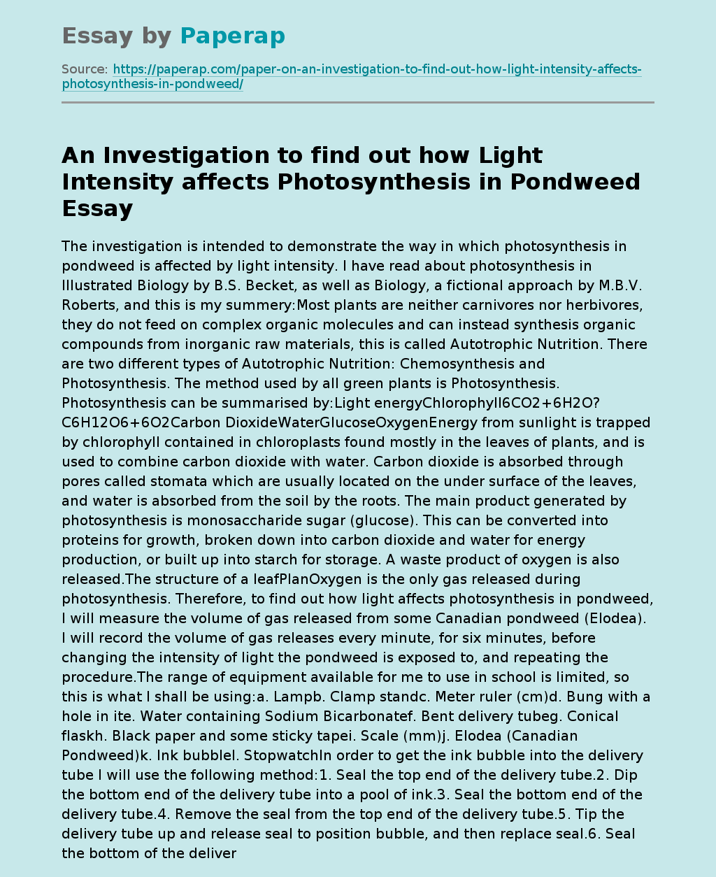 An Investigation to find out how Light Intensity affects Photosynthesis in Pondweed