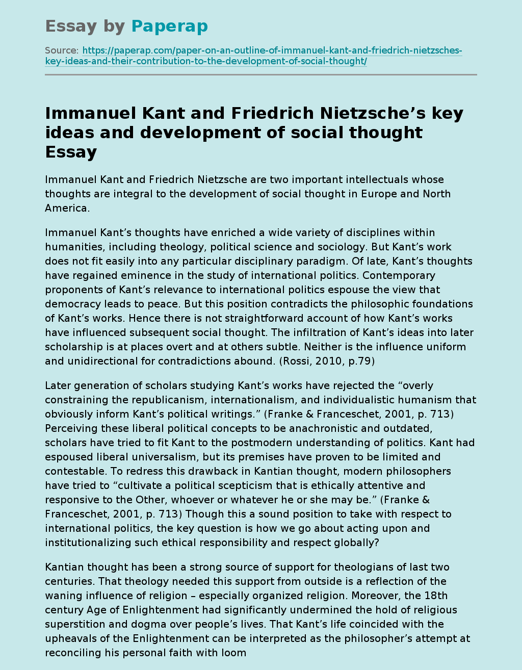 Immanuel Kant and Friedrich Nietzsche’s key ideas and development of social thought