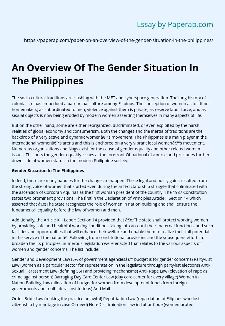 An Overview Of The Gender Situation In The Philippines