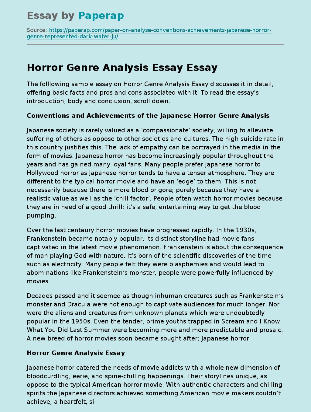 Horror Genre Analysis Essay