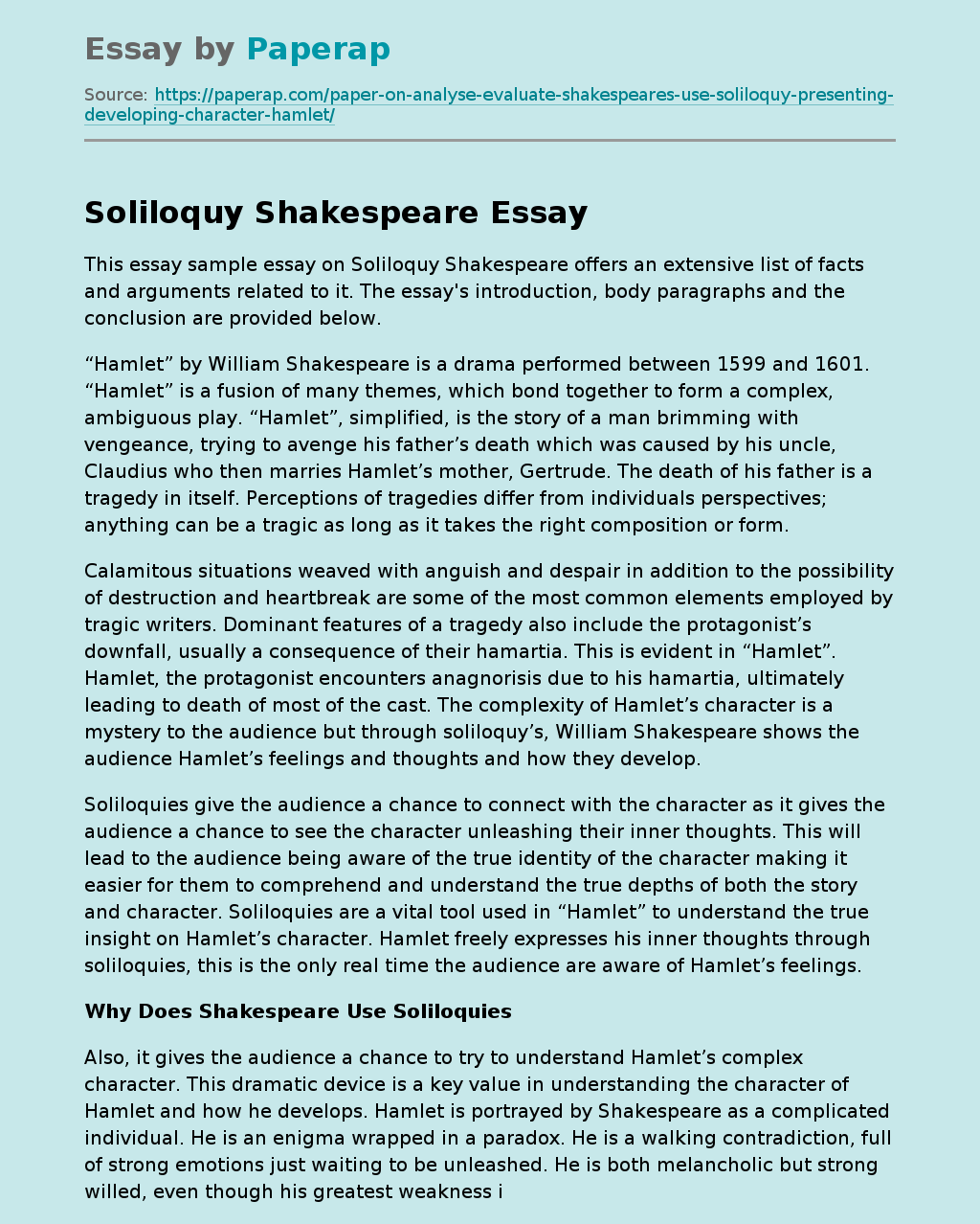 Essay Sample Essay on Soliloquy Shakespeare