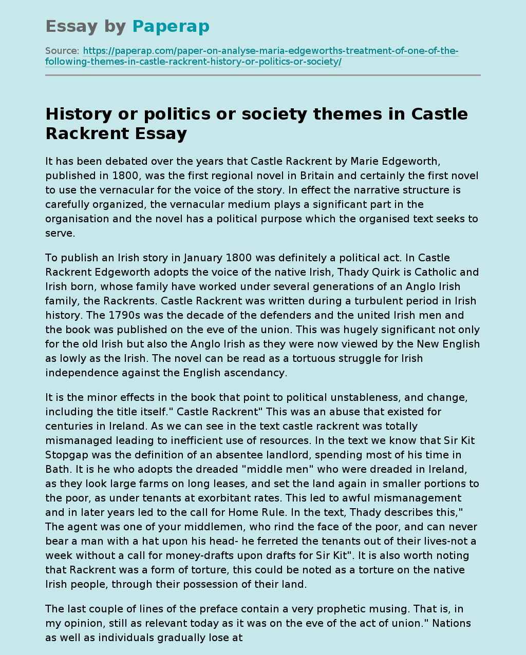 History or politics or society themes in Castle Rackrent