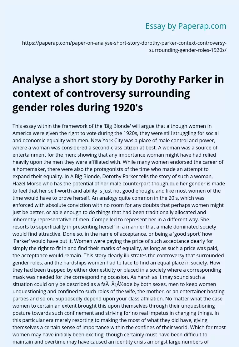 Analysys of Dorothy Parker's short story in context of gender roles controversy during 1920's