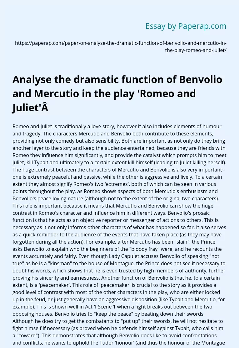 Analyse the dramatic function of Benvolio and Mercutio in the play 'Romeo and Juliet' 